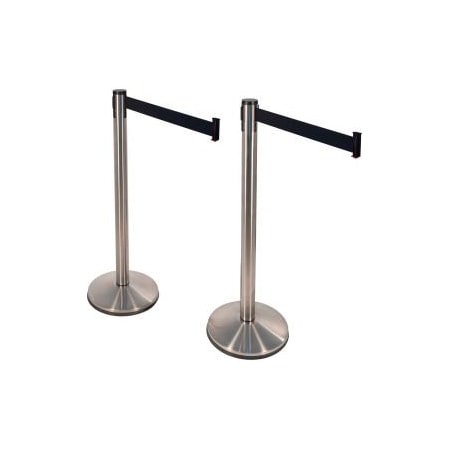 Visiontron Retracta-Belt PRIME Stainless Steel Stanchions, 40inH, 10'L Black Retractable Belt, 2/Pack 100SS1-BK-2PK